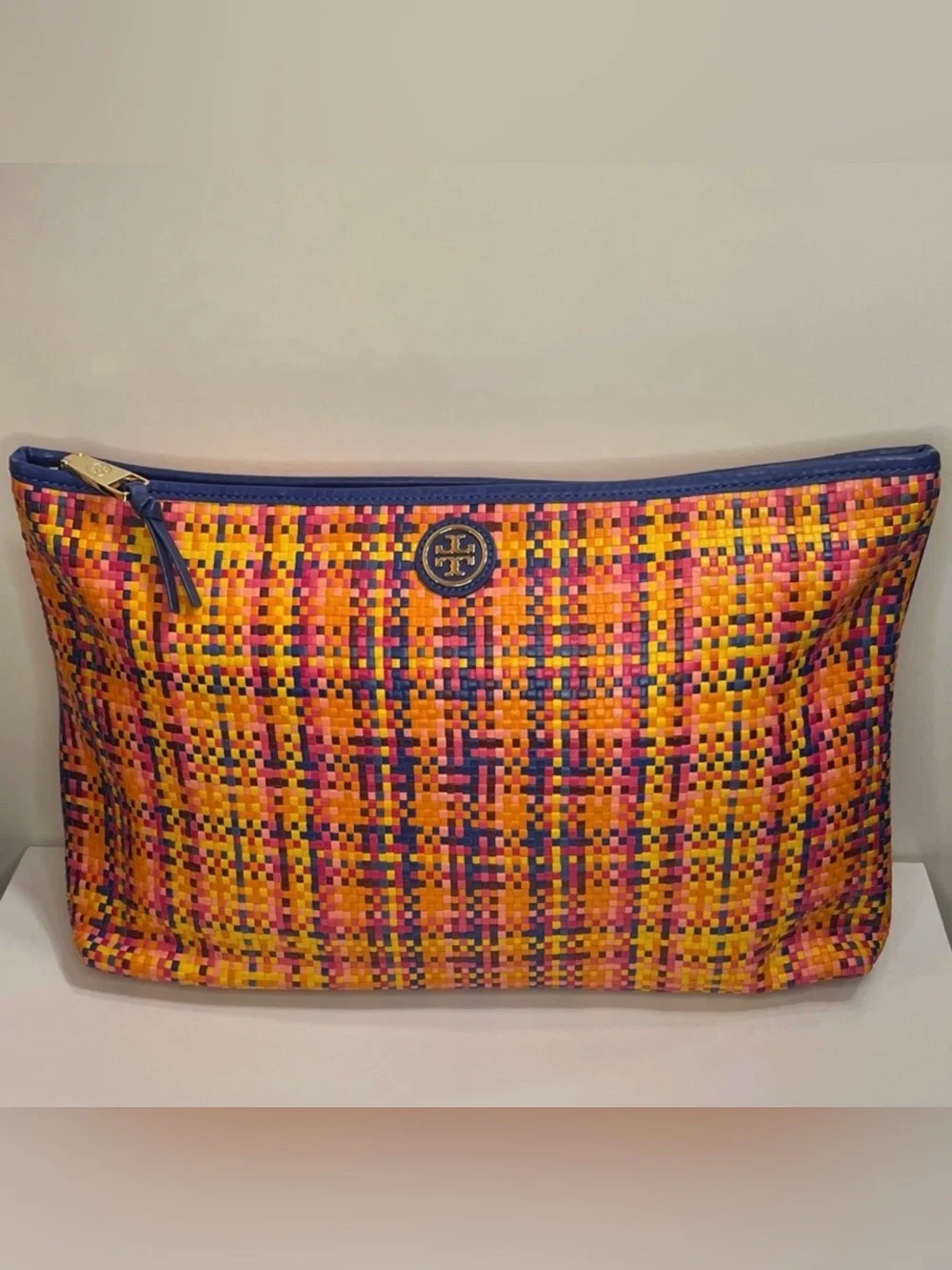 Tory Burch Woven Leather Clutch Bag Vibrant Colors of Orange Yellow Pink Blue